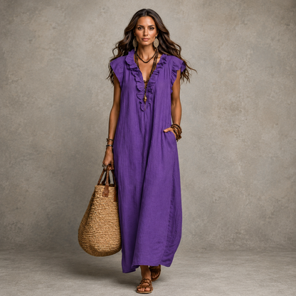 Gabriella | JOSETTE RUFFLE V-NECK LINEN MAXI DRESS