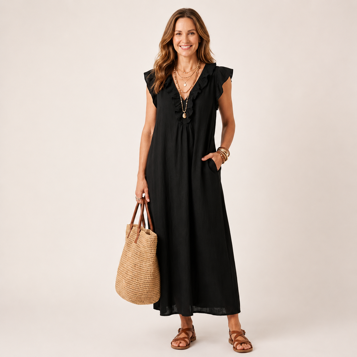 Gabriella | JOSETTE RUFFLE V-NECK LINEN MAXI DRESS