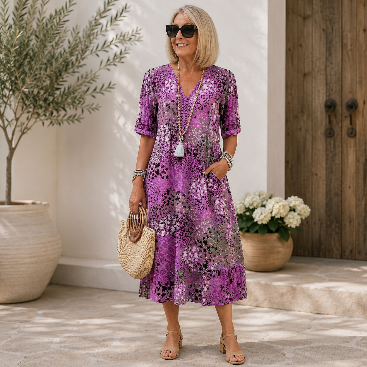 Women's Vintage Floral V-Neck Midi Dress
