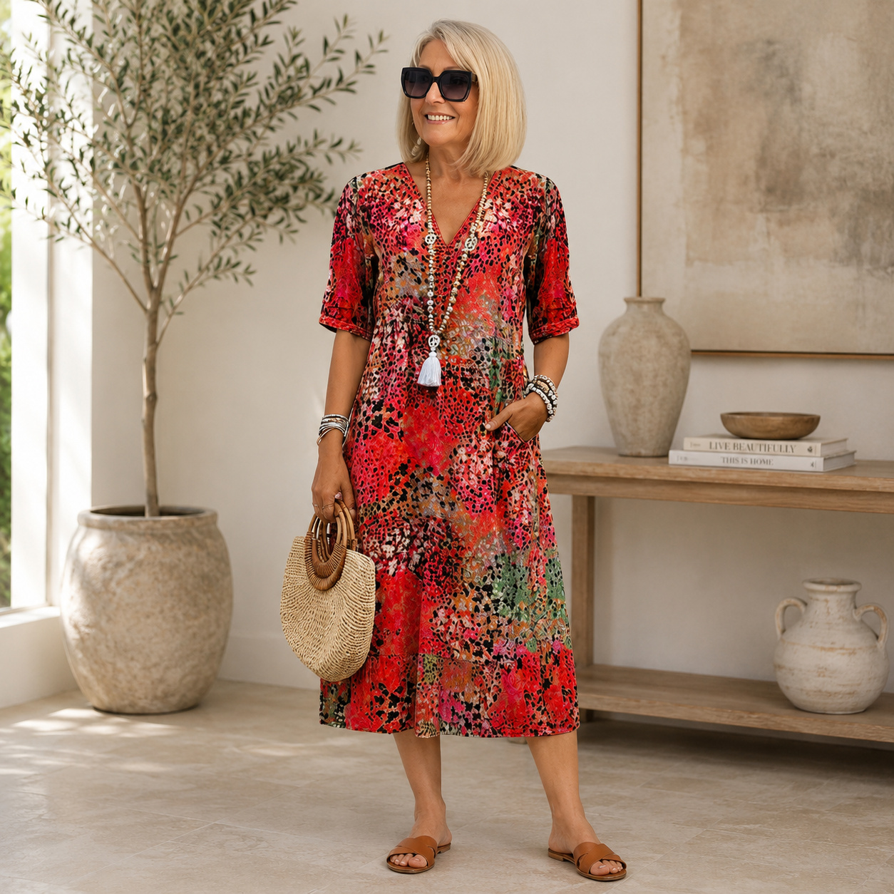 Women's Vintage Floral V-Neck Midi Dress