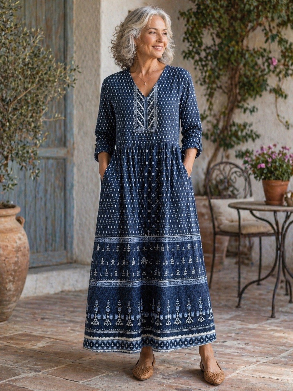 Camryn | Indigo Heritage Pattern Maxi Dress