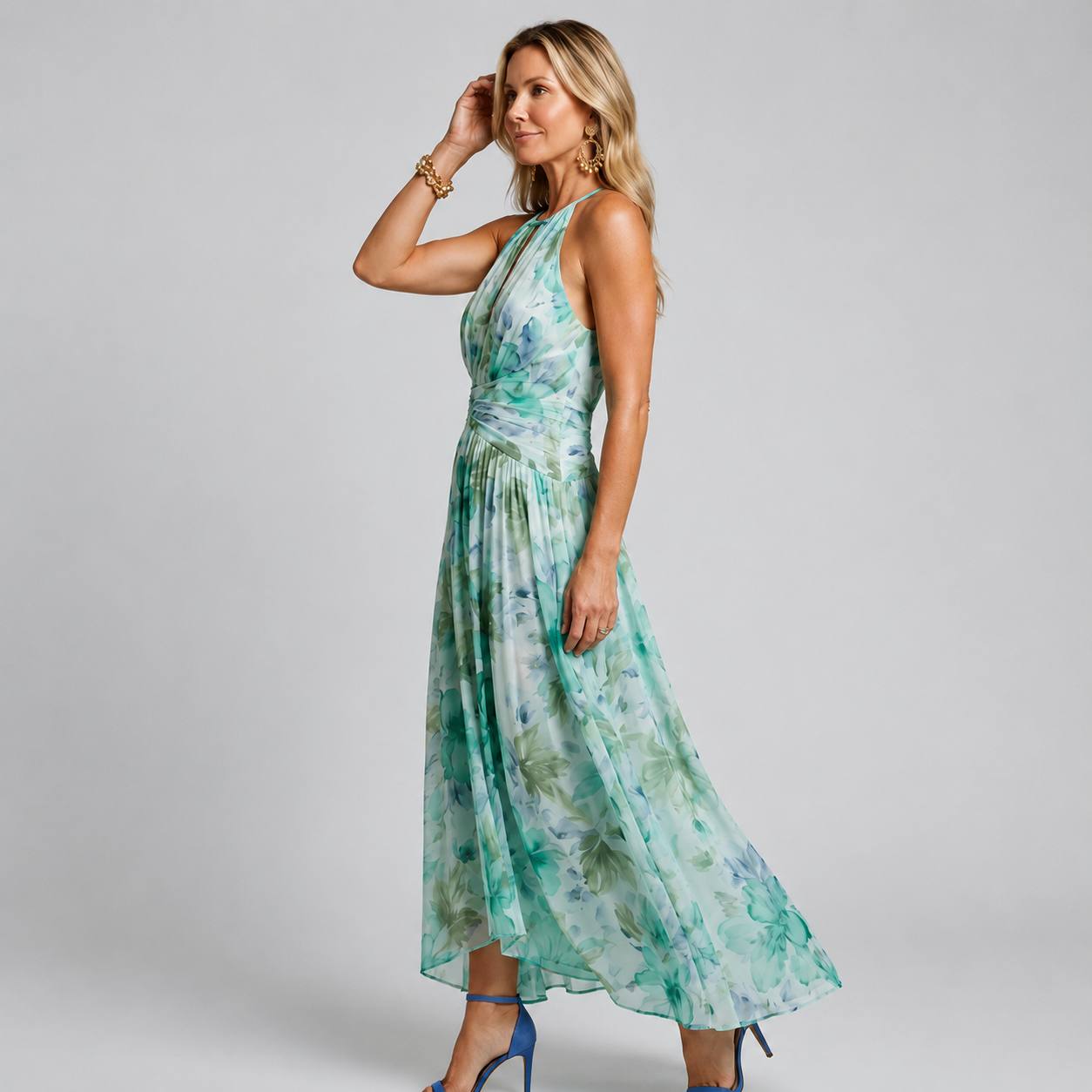 Clara | Mint Bloom Halter Maxi Dress