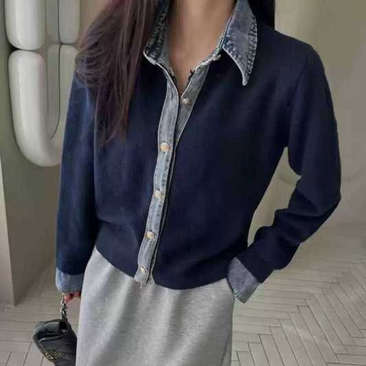 Women's Denim Collar Knit Cardigan