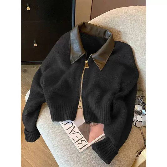 Women's Faux Leather Collar Zip Knit Cardigan