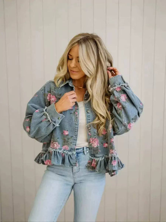 Women's Floral Ruffle Hem Denim Jacket