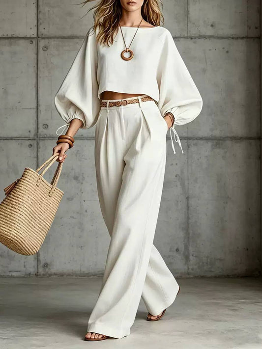 Women's Batwing Sleeve Crop Top & Wide Leg Trouser Set