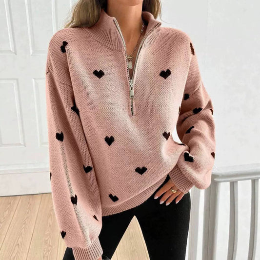 Women's Heart Print Quarter Zip Sweater