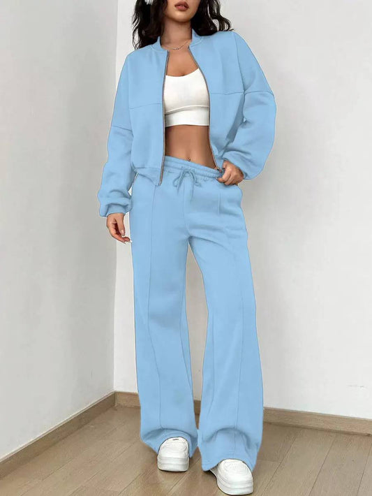 Women's Zip Up Sweatshirt Wide Leg Set