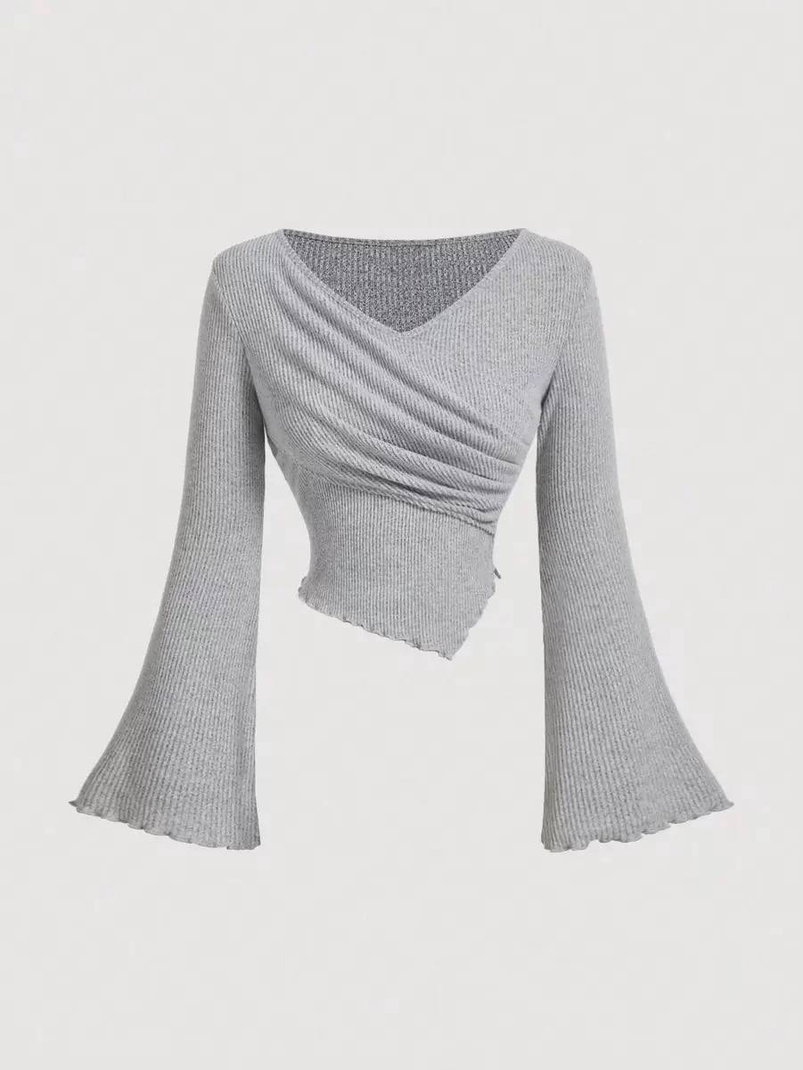 Women's Ruched Ribbed Knit Wrap Bell Sleeve Blouse