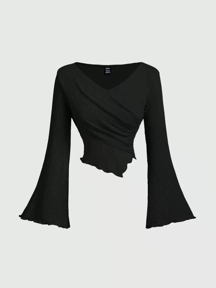 Women's Ruched Ribbed Knit Wrap Bell Sleeve Blouse