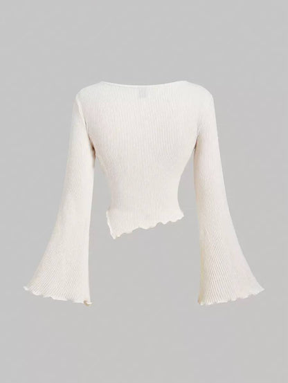 Women's Ruched Ribbed Knit Wrap Bell Sleeve Blouse