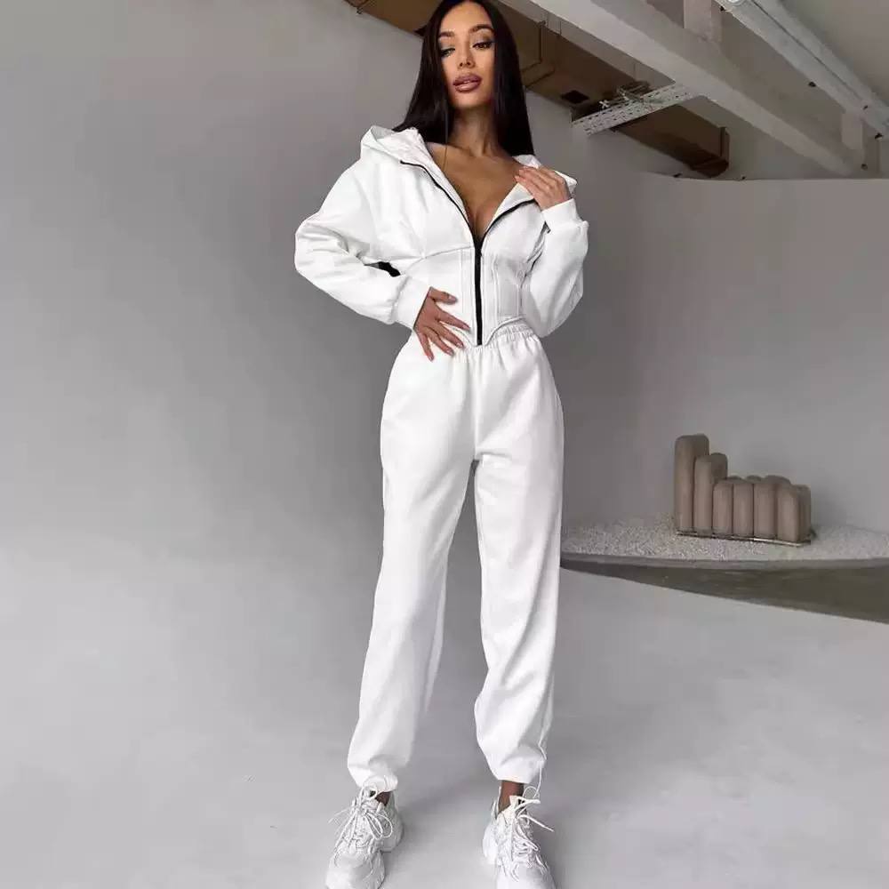 Women's Hooded Zip Up Sweatshirt Elastic Waist Set