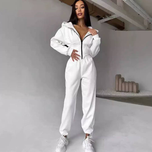 Women's Hooded Zip Up Sweatshirt Elastic Waist Set