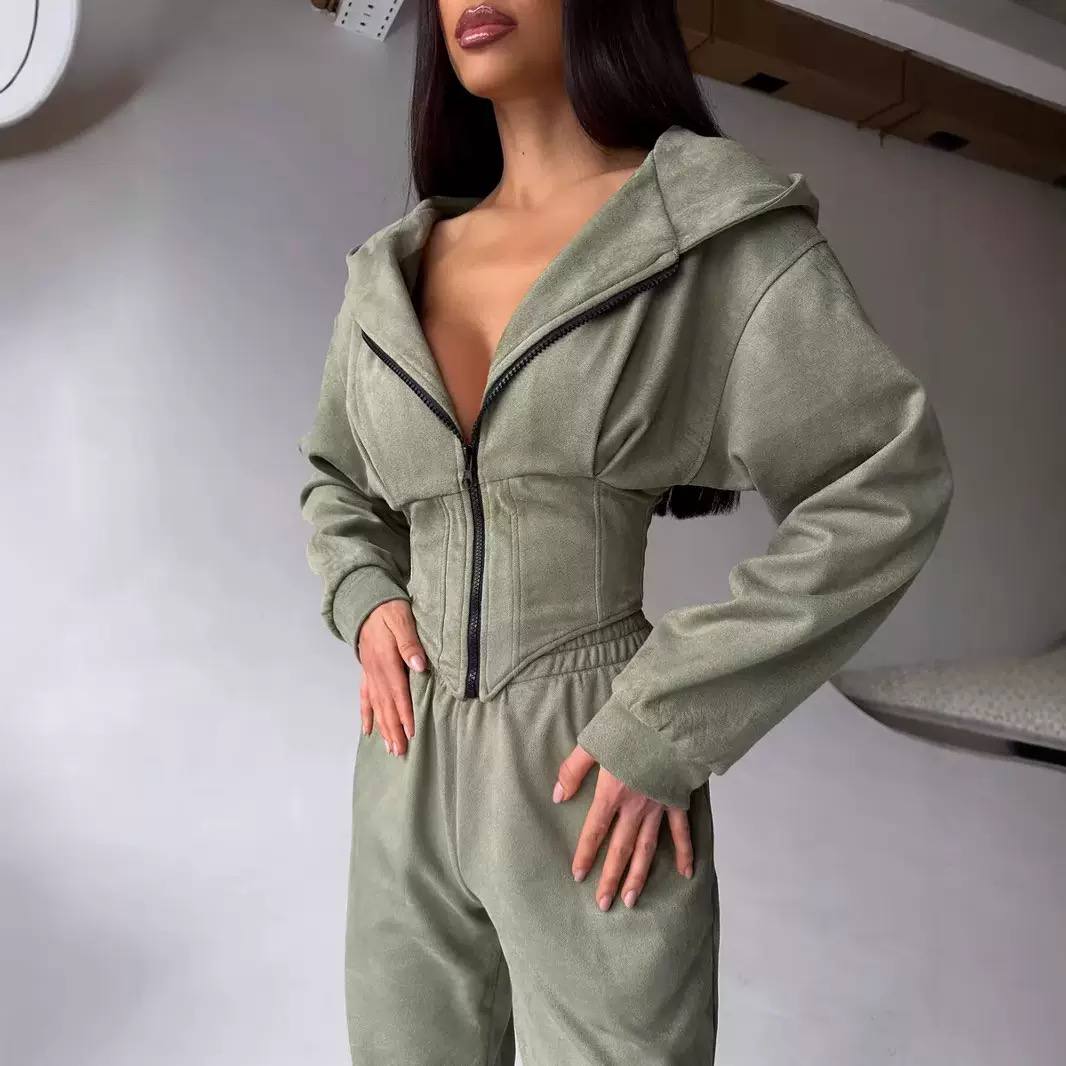 Women's Hooded Zip Up Sweatshirt Elastic Waist Set