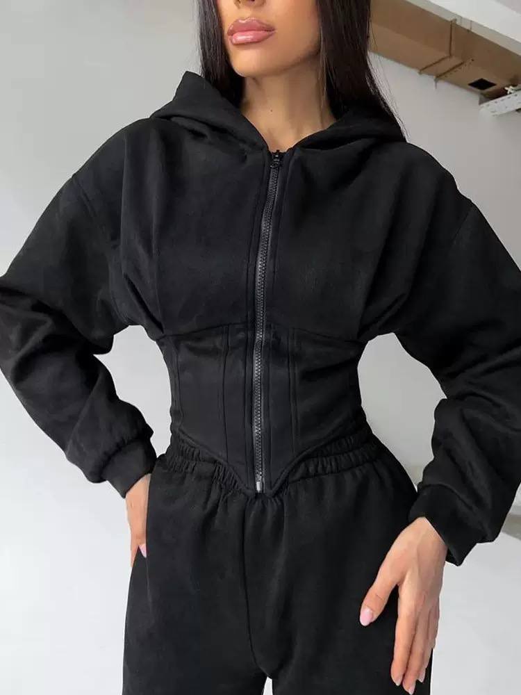 Women's Hooded Zip Up Sweatshirt Elastic Waist Set