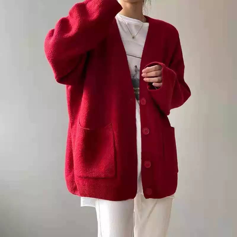 Women's Oversized V Neck Knit Long Cardigan With Pockets