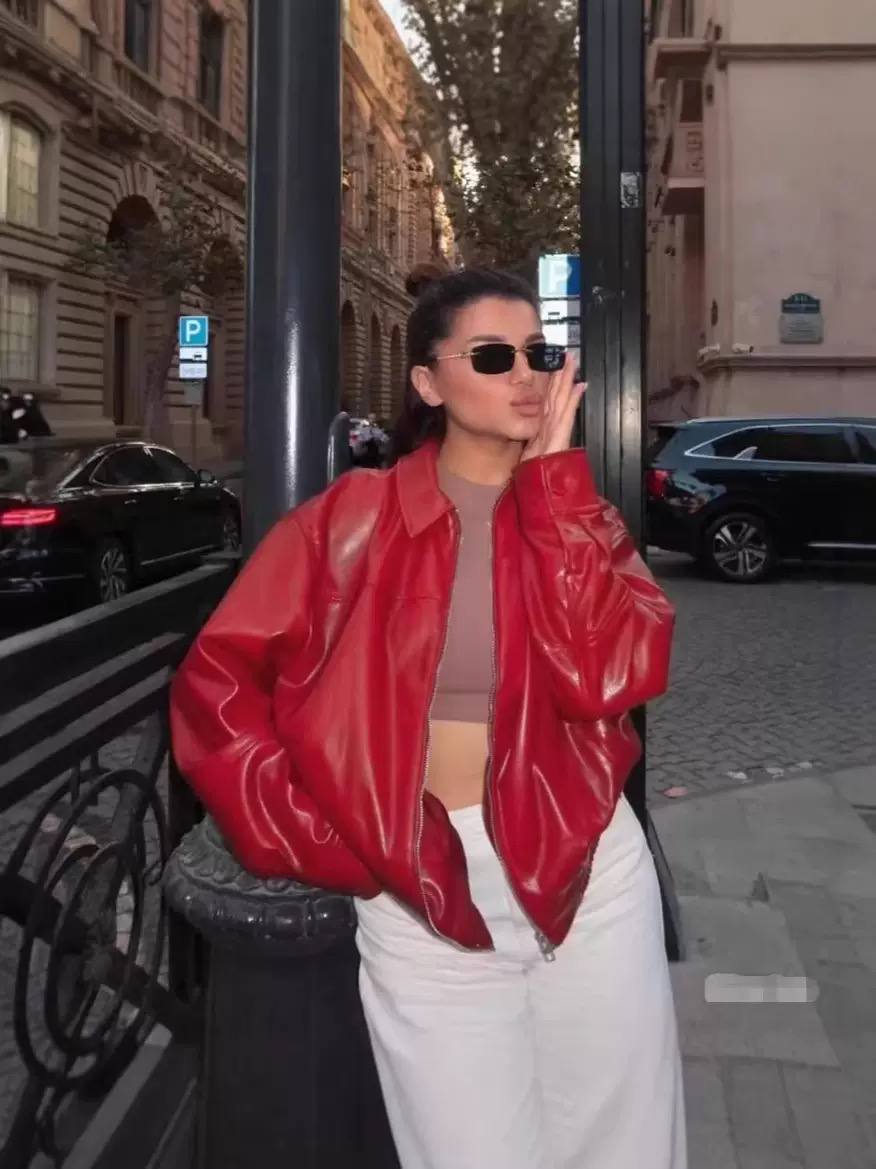 Women's Oversized Faux Leather Bomber Jacket