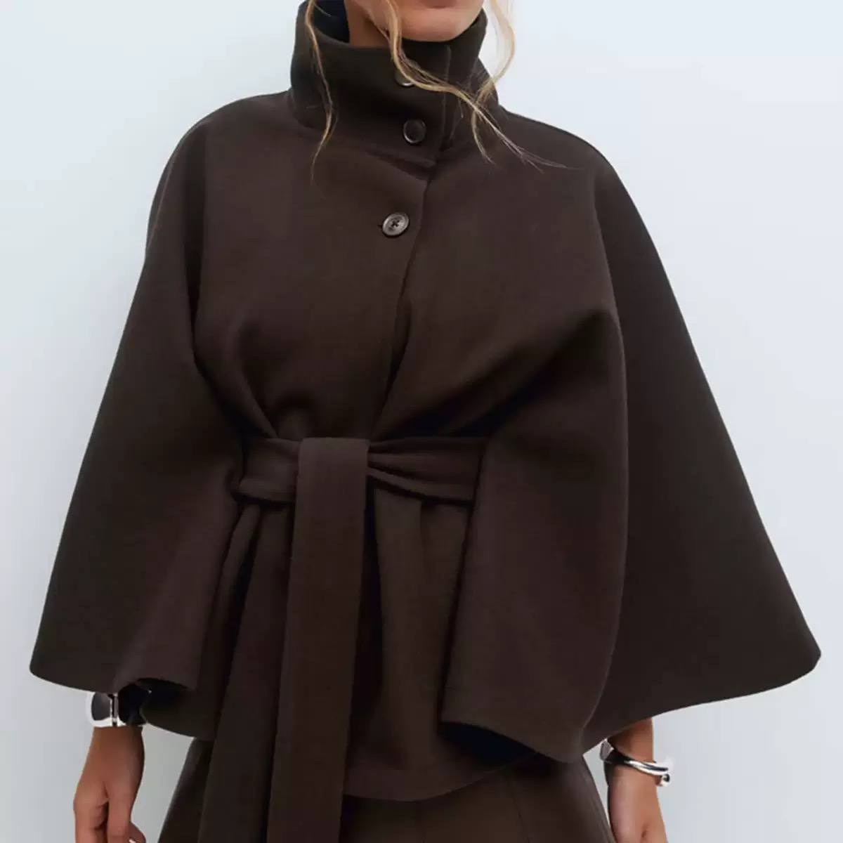 Women's Belted High Neck Wrap Cape Coat