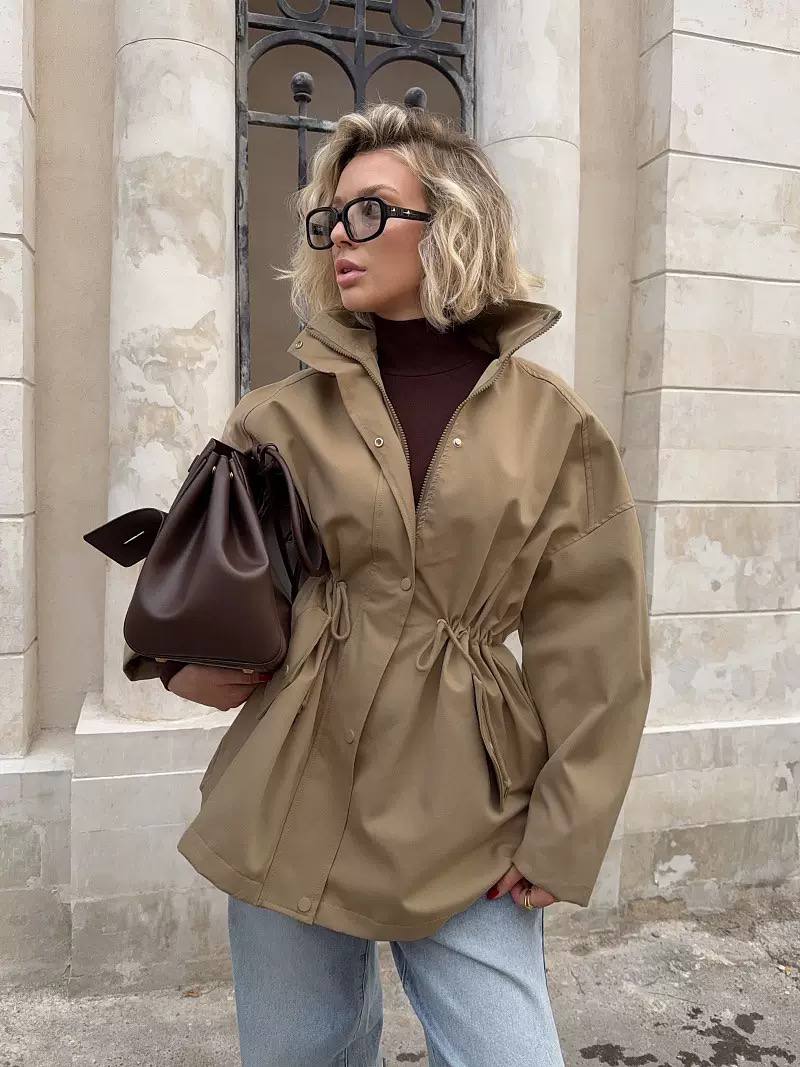 Women's Drawstring Waist High Neck Utility Jacket