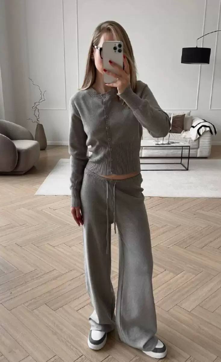 Women's Ribbed Knit Cardigan & High Waist Wide Leg Set