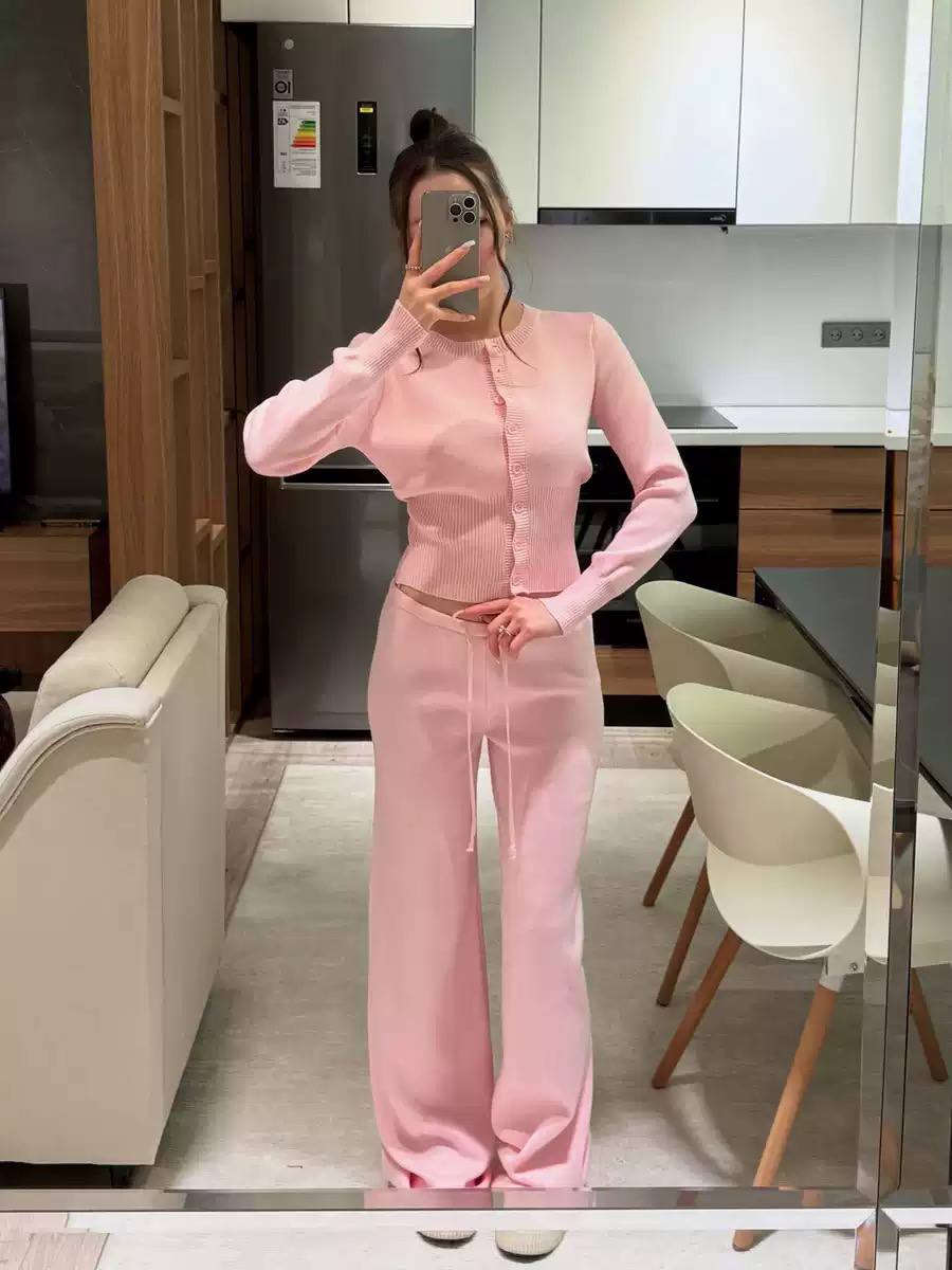 Women's Ribbed Knit Cardigan & High Waist Wide Leg Set