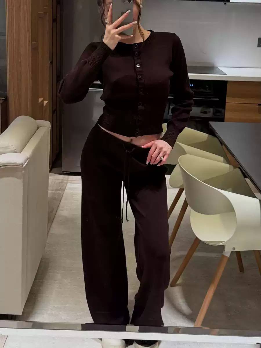 Women's Ribbed Knit Cardigan & High Waist Wide Leg Set
