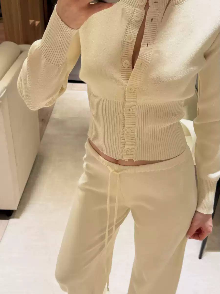 Women's Ribbed Knit Cardigan & High Waist Wide Leg Set