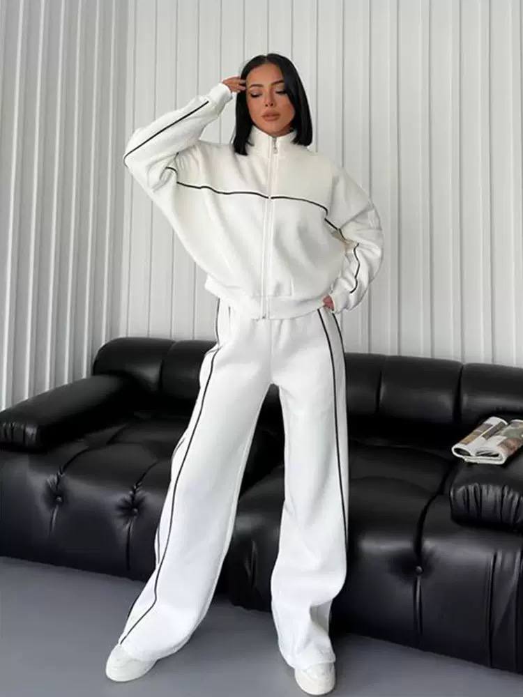 Women's Zip Up Mock Neck Jacket Wide Leg Drawstring Pants Tracksuit Set