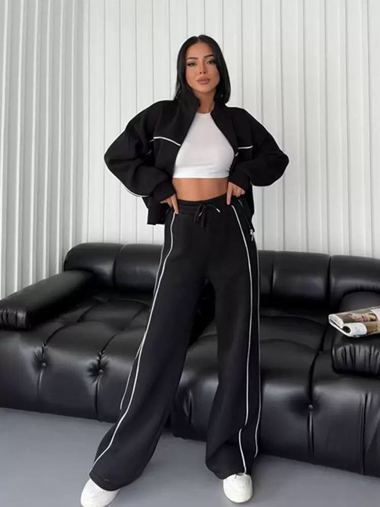 Women's Zip Up Mock Neck Jacket Wide Leg Drawstring Pants Tracksuit Set