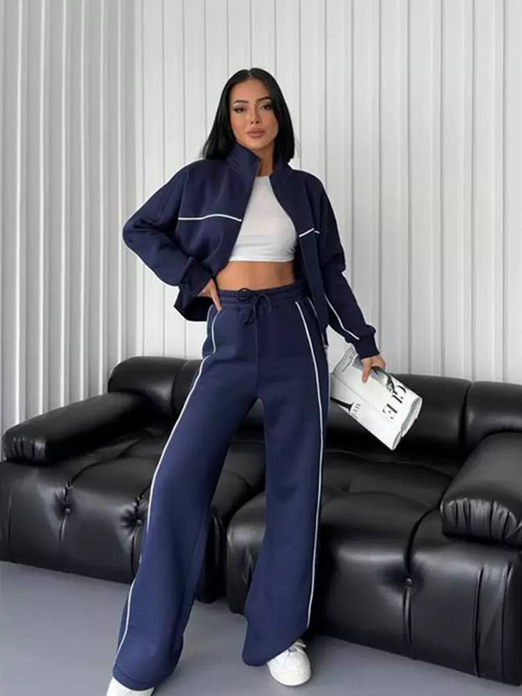 Women's Zip Up Mock Neck Jacket Wide Leg Drawstring Pants Tracksuit Set