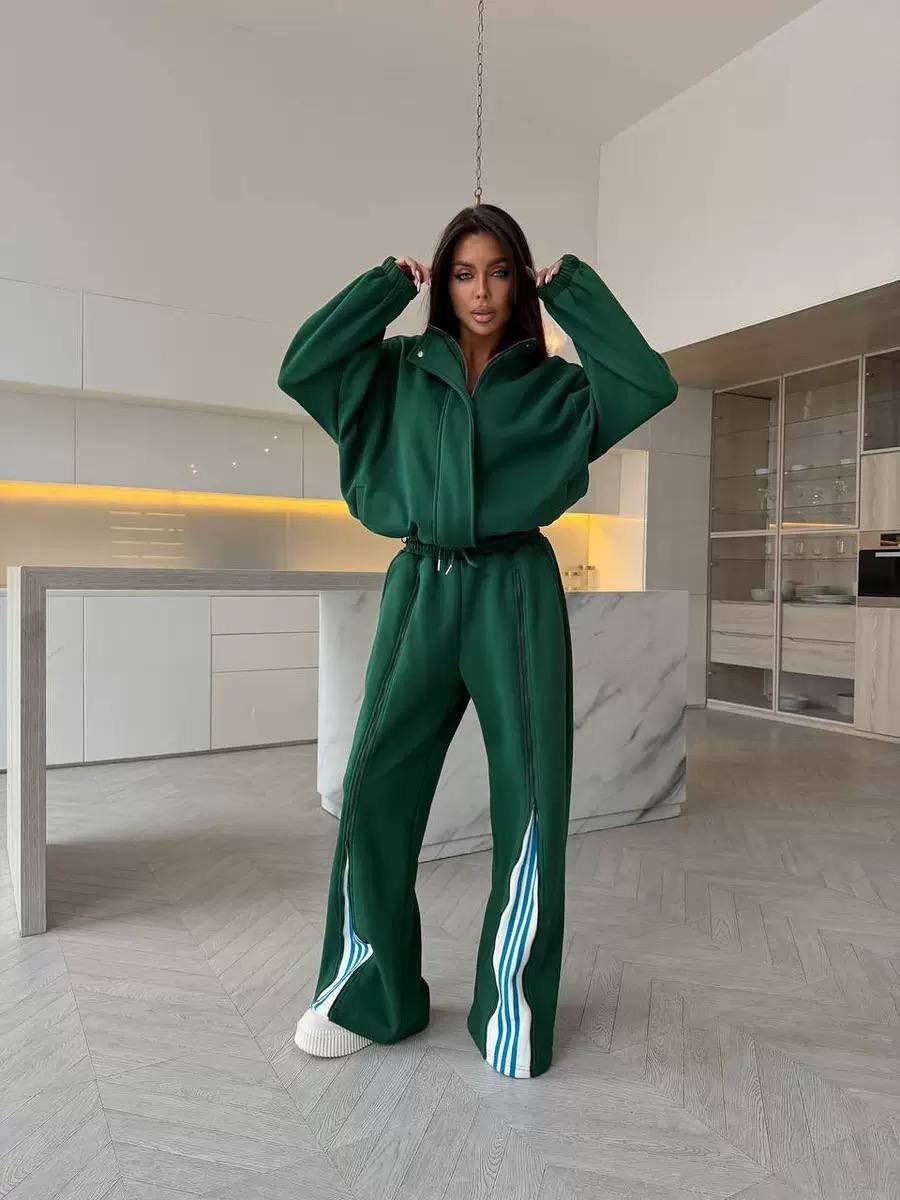 Women's Zip Up Oversized Jacket High Waist Pants Tracksuit Set