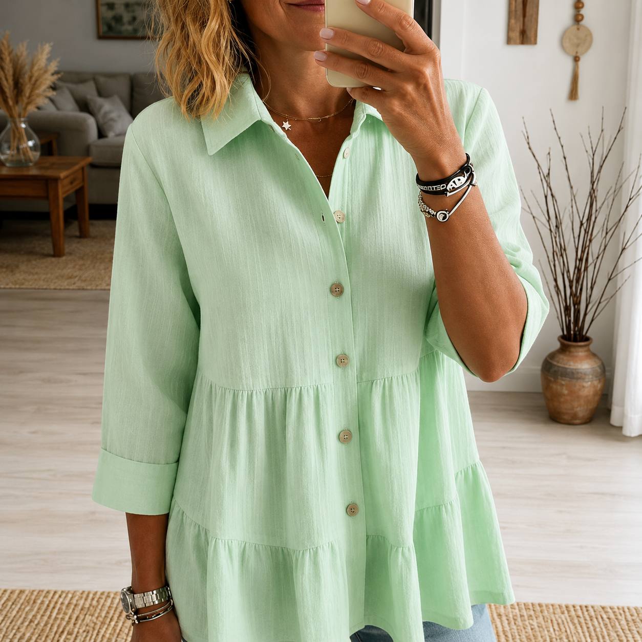 Women's Button Front Tiered Blouse
