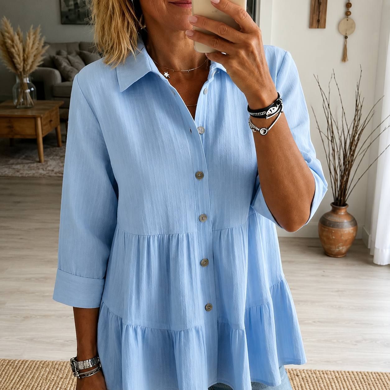 Women's Button Front Tiered Blouse