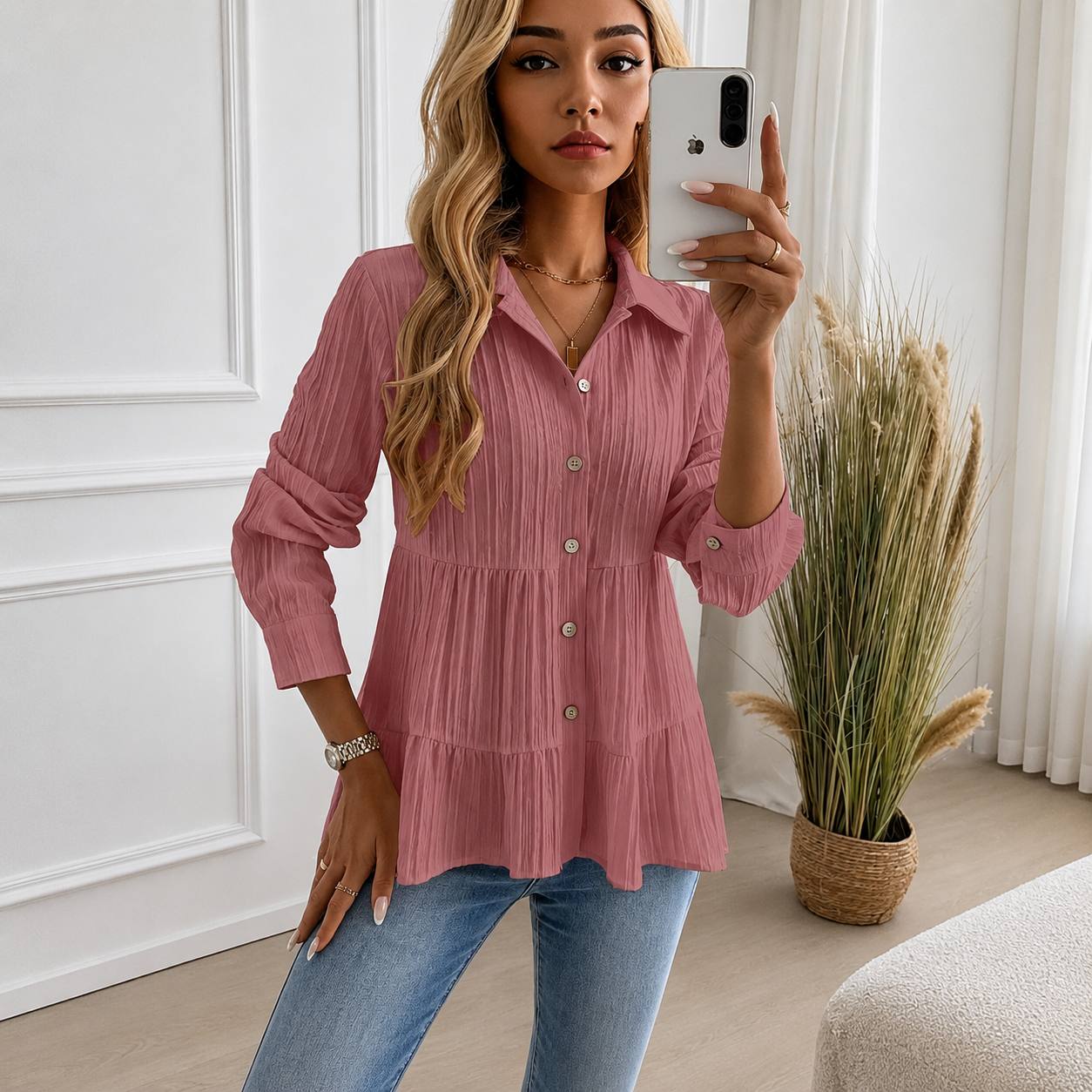 Women's Button Front Tiered Blouse