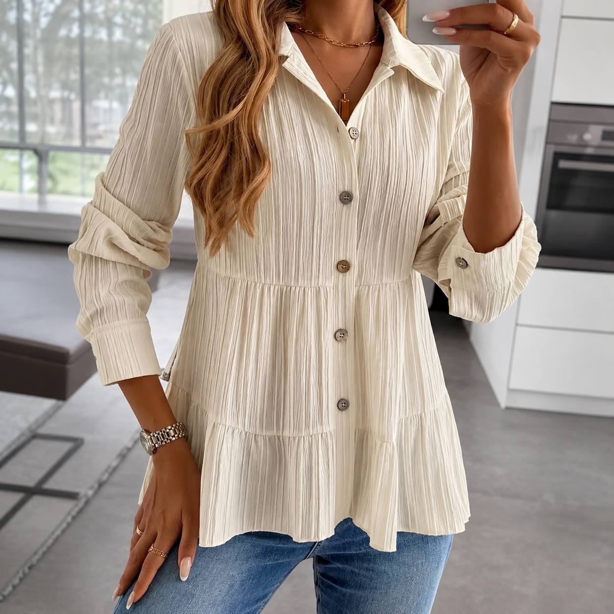Women's Button Front Tiered Blouse