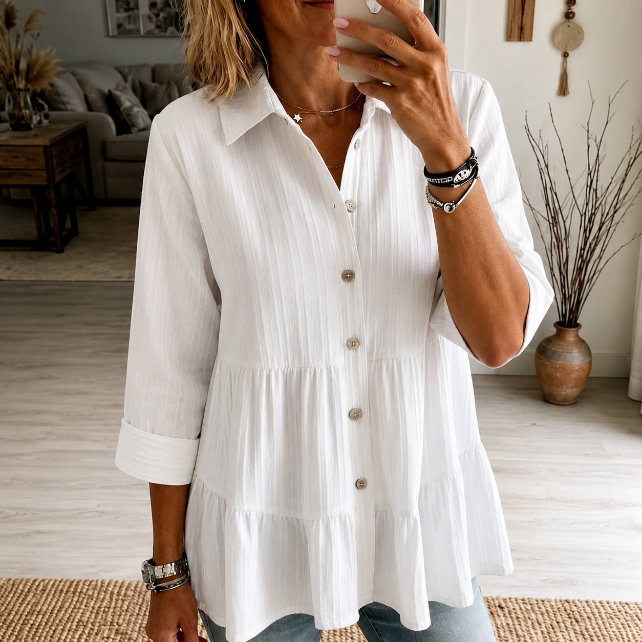 Women's Button Front Tiered Blouse