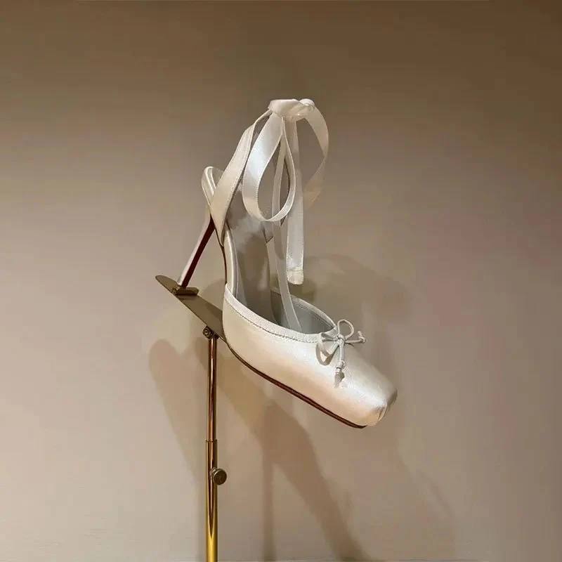 Women's Satin Lace Up Heels Square Toe