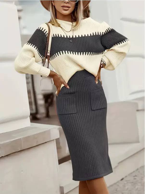 Women's Color Block Rib Knit Sweater and Midi Skirt Set