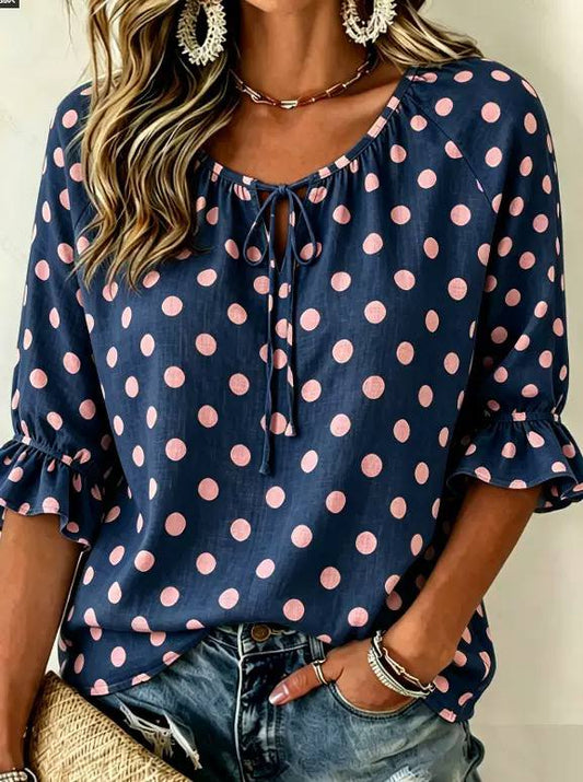Women's Polka Dot Tie Neck Ruffle Sleeve Blouse