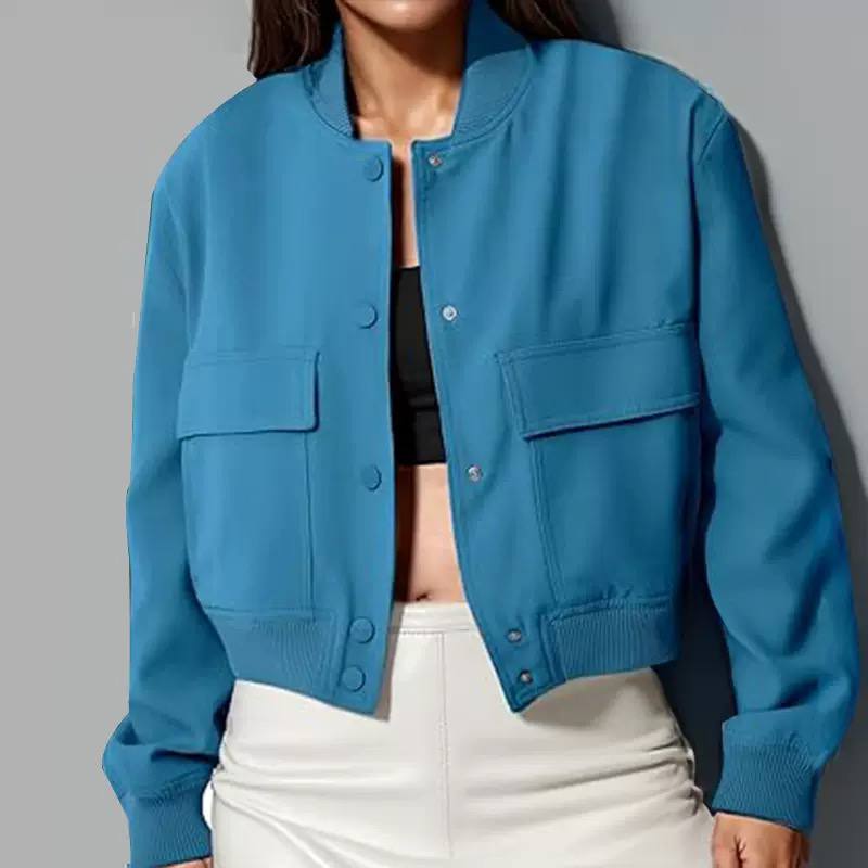Women's Cropped Bomber Jacket with Flap Pockets