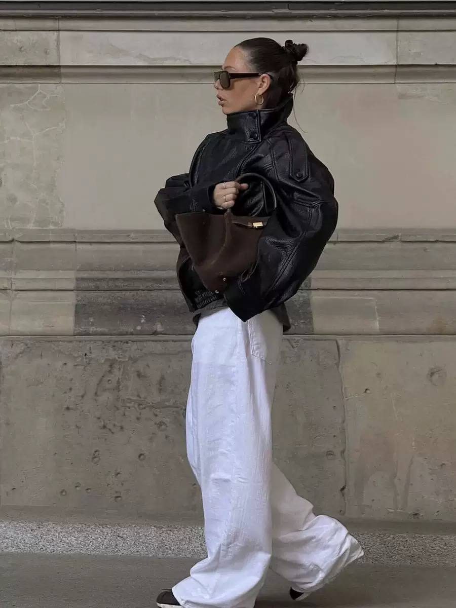 Women's Oversized Leather Bomber Jacket