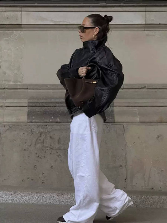 Women's Oversized Leather Bomber Jacket