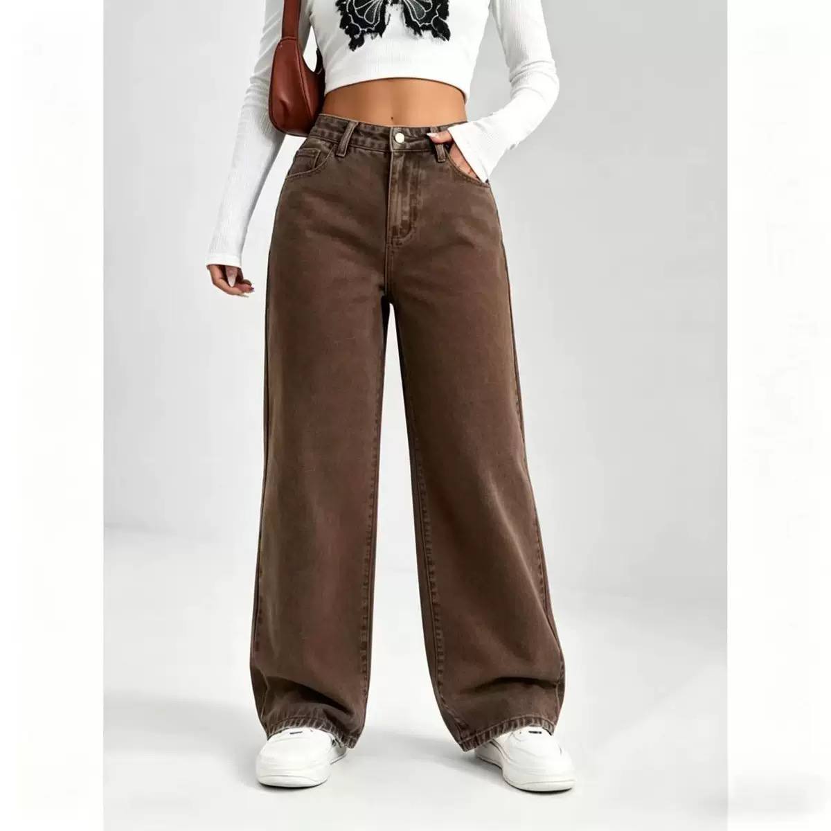 Women's High Waist Wide Leg Washed Cotton Denim Jeans