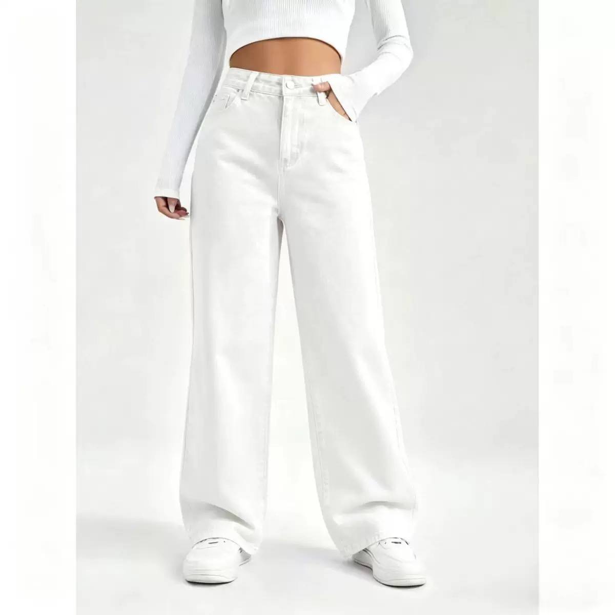 Women's High Waist Wide Leg Washed Cotton Denim Jeans