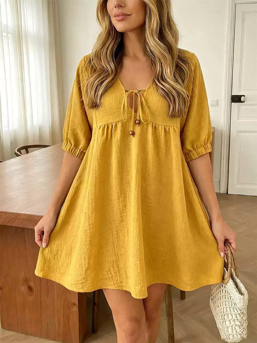 Women's Tie Neck Smock Mini Dress