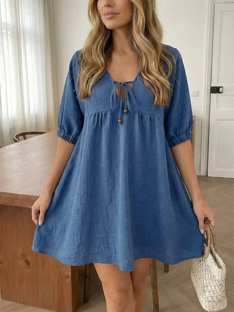 Women's Tie Neck Smock Mini Dress