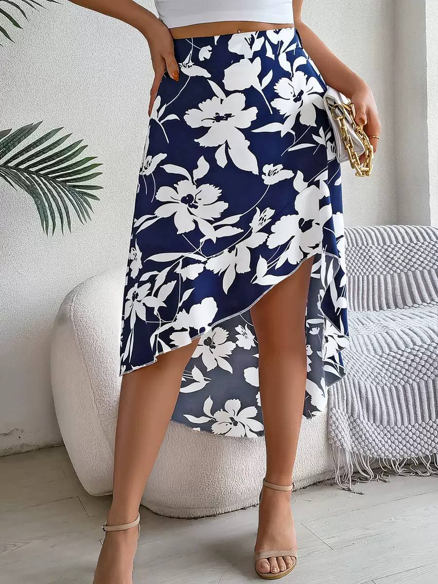 Women's Floral High Low Wrap Midi Skirt