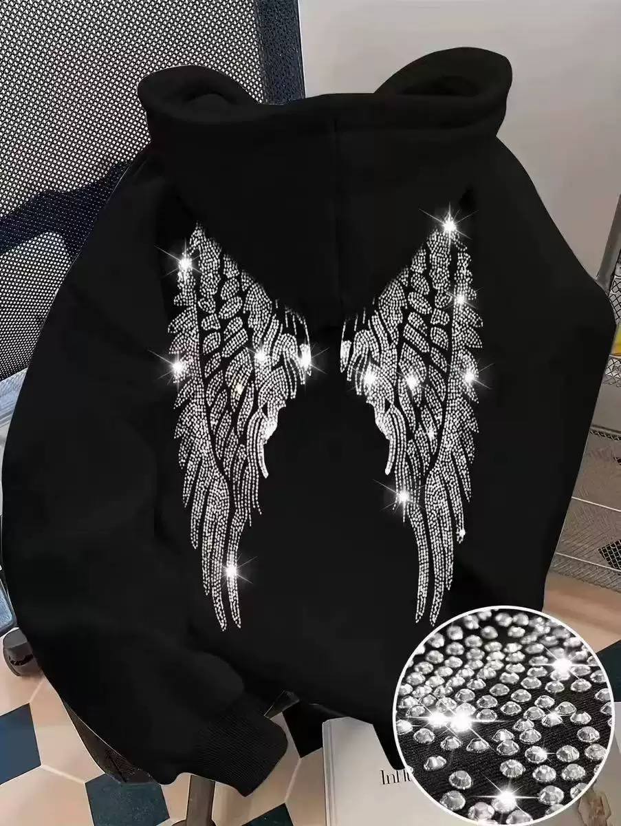 Women's Rhinestone Angel Wings Oversized Hoodie