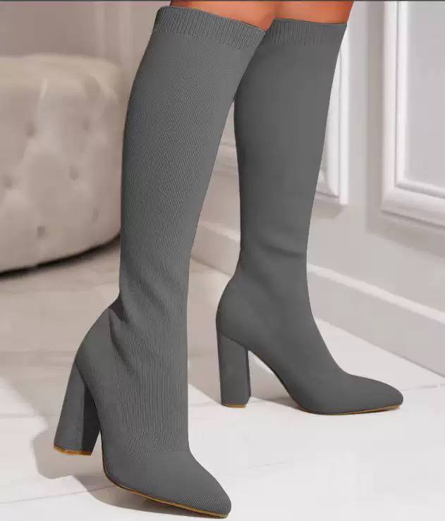 Women's Knit Knee High Block Heel Boots