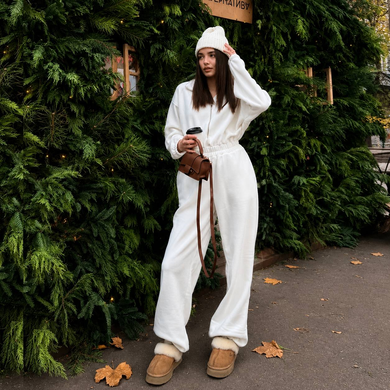 Women's Zip Front Wide Leg Fleece Jumpsuit